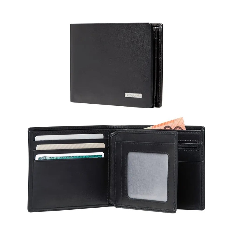 Samsonite DLX Leather Wallet - ID and Coin Pocket with 7 RFID Credit Card Slots - Black