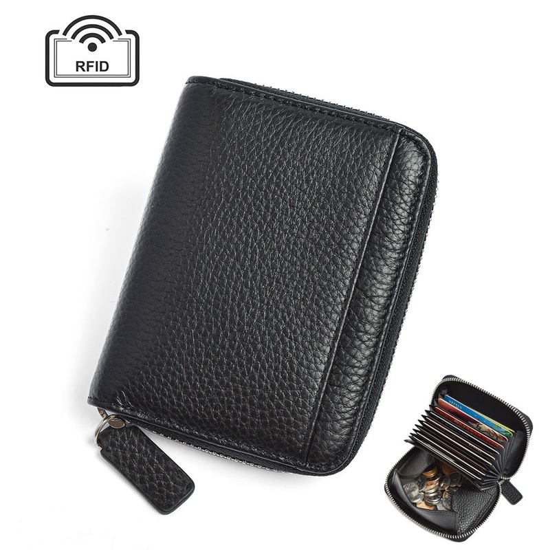 Black Genuine Leather Womens Wallet  Short Accordion Card Holder with RFID Protection, Zippered Coin Purse in Cowhide Leather, Japanese Style