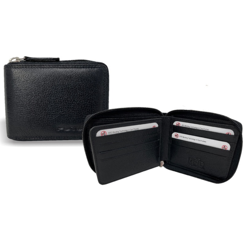 Futura Men Black Leather Zip Around Wallet RFID