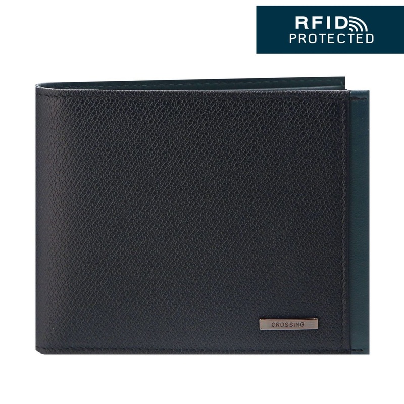 Crossing Modish Bi-fold Leather Wallet With Coin Pouch RFID - Black/Teal