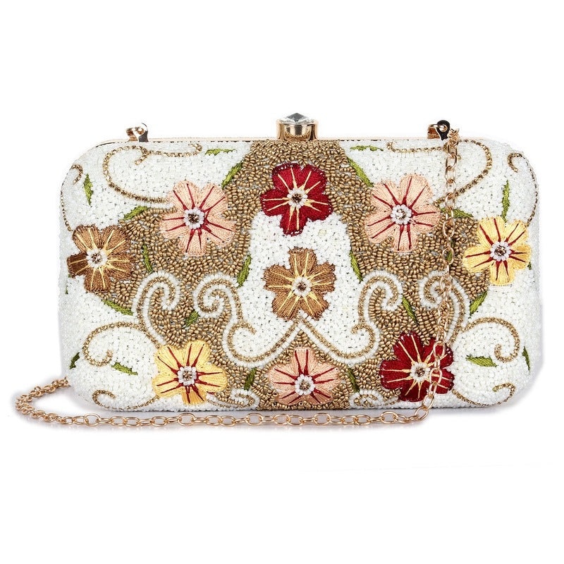 Ladies Wallet - Floral Embroidered Clutch with Beads Work | Detachable Shoulder Chain | 20x3x13 cm | White