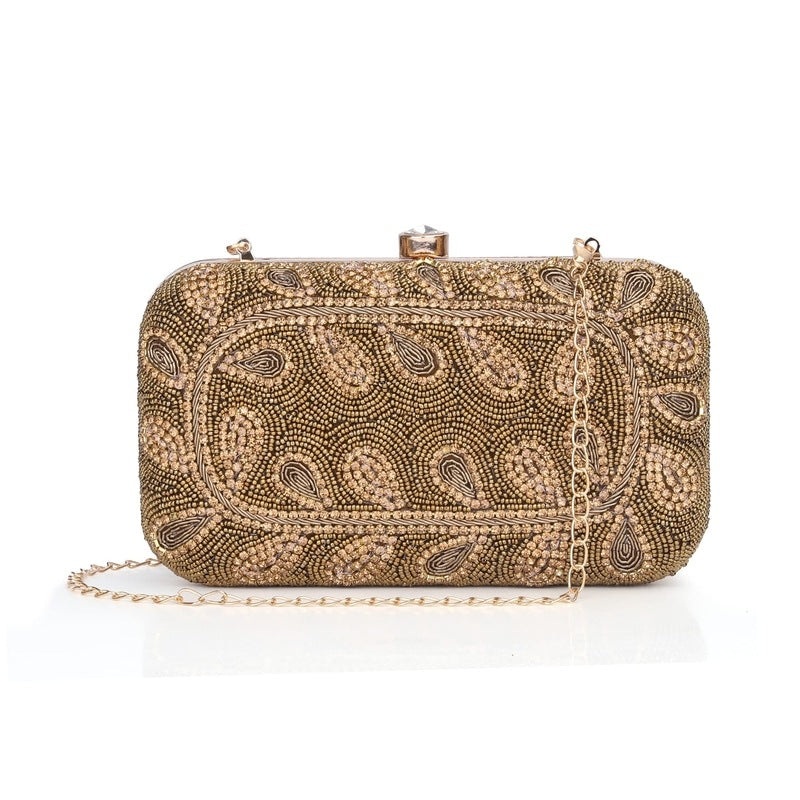 THE CLOWNFISH Anmol Collection Womens Party Clutch Ladies Wallet with Chain Strap Evening Sling Bag with Fashionable Beads Work Floral Design (Peach)