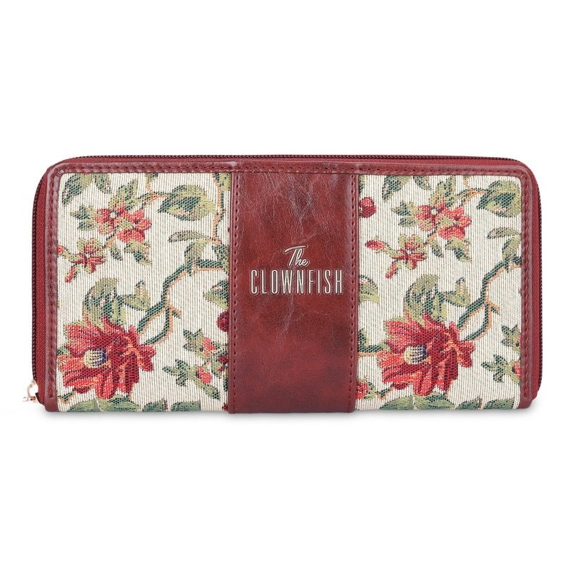 THE CLOWNFISH Aria Collection Tapestry Fabric & Faux Leather Zip Around Style Womens Wallet Clutch Ladies Purse with Card Holders (Beige)