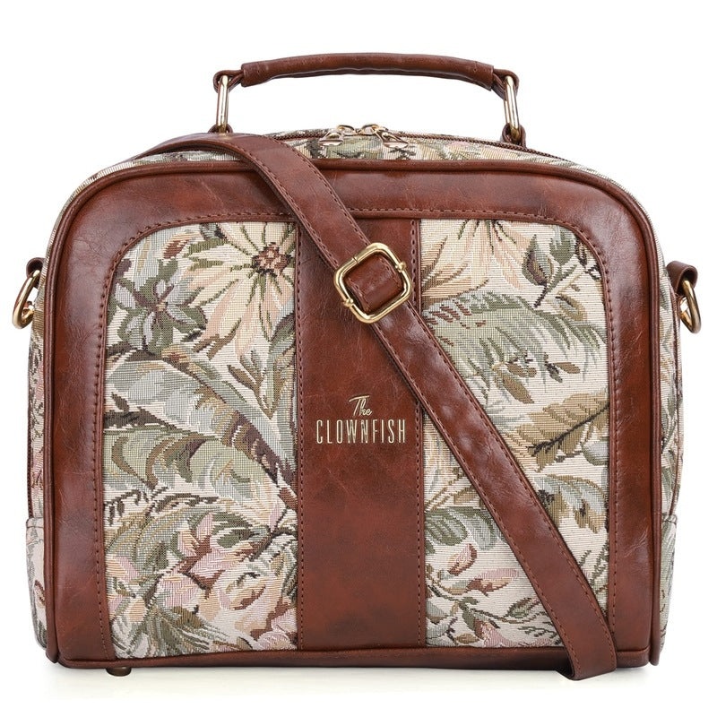THE CLOWNFISH Combo Of Elsie Series Tapestry Crossbody Sling Bag Single Shoulder Bag & Aria Collection Tapestry Fabric Zip Around Style Womens Wallet Ladies Clutch (Beige)