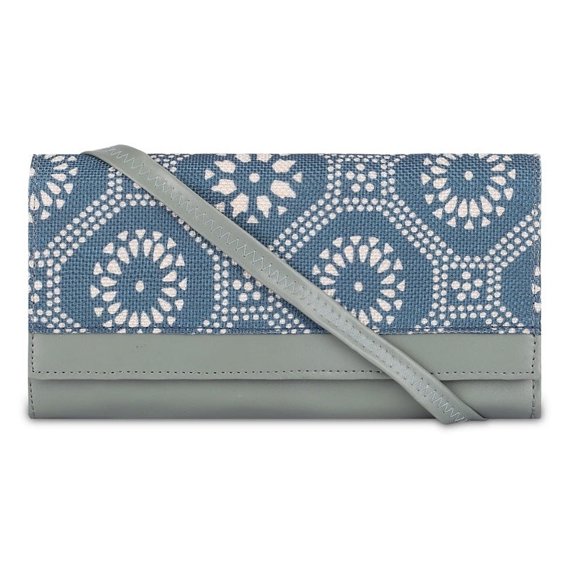 THE CLOWNFISH Erika Printed Handicraft Fabric & Vegan Leather Ladies Wallet Purse Sling Bag with Multiple Card Slots & Shoulder Belt (Bottle Green)