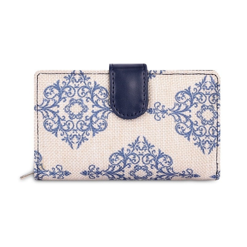 THE CLOWNFISH Fab Series Printed Handicraft Fabric & Vegan Leather Ladies Wallet Clutch Purse for Women Girls with Multiple Compartments (Blue)