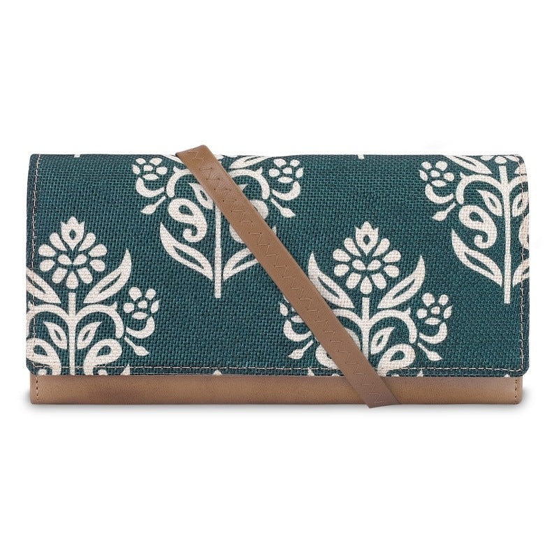 THE CLOWNFISH Jolene Printed Handicraft Fabric & Vegan Leather Ladies Wallet Purse Sling Bag with Multiple Card Slots & Shoulder Belt (Bottle Green)