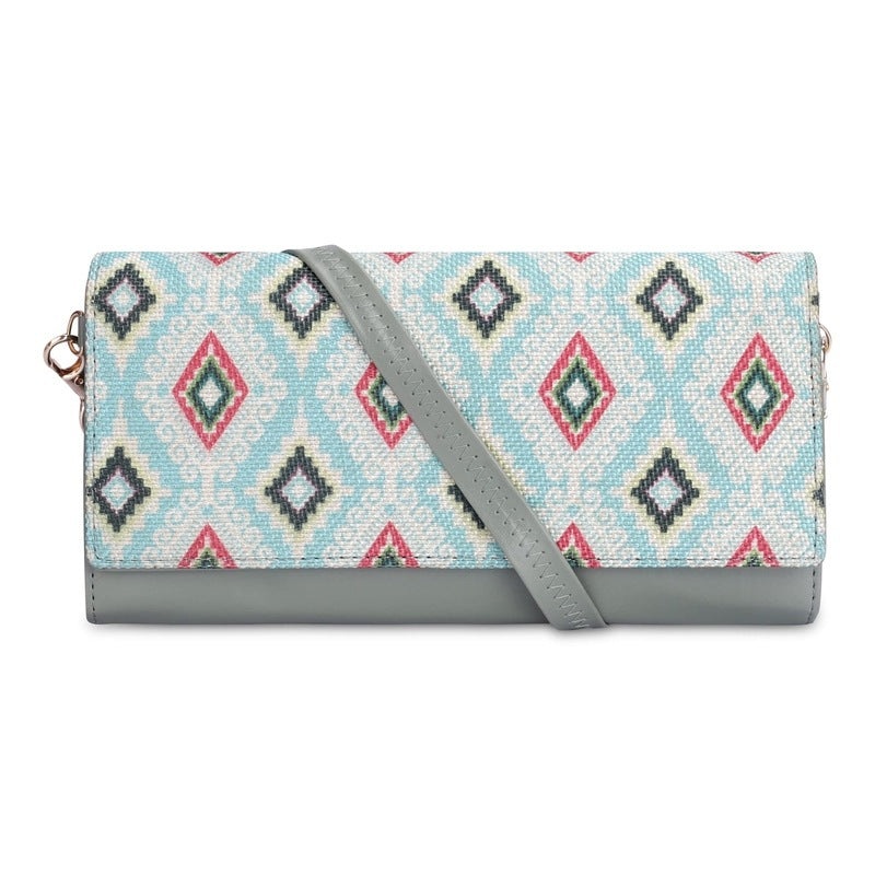 THE CLOWNFISH Jolene Printed Handicraft Fabric & Vegan Leather Ladies Wallet Purse Sling Bag with Multiple Card Slots (Skyblue-Diamond)