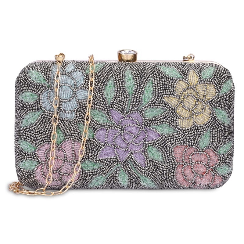 THE CLOWNFISH Norah Collection Womens Party Clutch Ladies Wallet with Chain Strap Evening Bag with Beads Work Floral Design (Dark Grey)