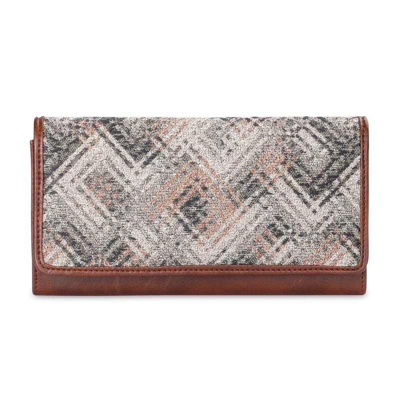 THE CLOWNFISH Sharon Collection Tapestry Fabric & Faux Leather Snap Flap Closure Womens Wallet Clutch Ladies Purse with Multiple Card Holder (Denim Blue)