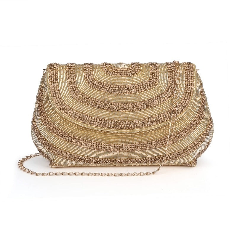 THE CLOWNFISH Shyna Collection Womens Party Clutch Ladies Wallet Evening Bag Fashionable Round Corners Beads Work Floral Design with Chain Strap (Golden)