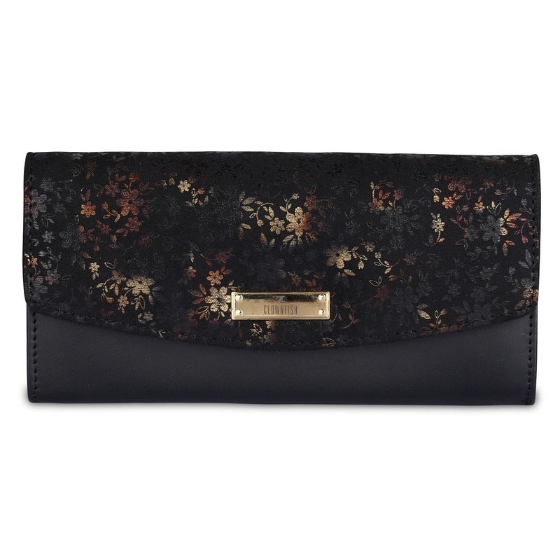 Womens Wallet Clutch with Floral Design & Card Slots | 20.5x10 cm | Black