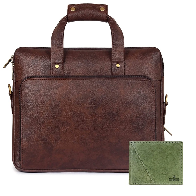 Combo: Milan Series 14 inch Laptop Briefcase & RFID Wallet | 3 Compartments | Faux Leather | Dark Brown