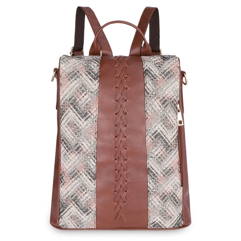 THE CLOWNFISH 10.5 Litres Akaya Collection Tapestry Fabric & Faux Leather Anti-Theft Back Open Style Womens Backpack Travel Backpack For College Going Girls - Blue-Stripes