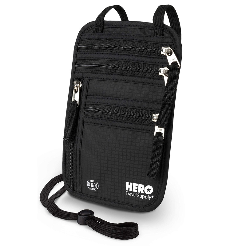 HERO Neck Wallet - RFID Blocking Passport Holder - Easy to Conceal TravelPouch - Includes Ebook on How to Avoid Pickpockets by Asher & Lyric