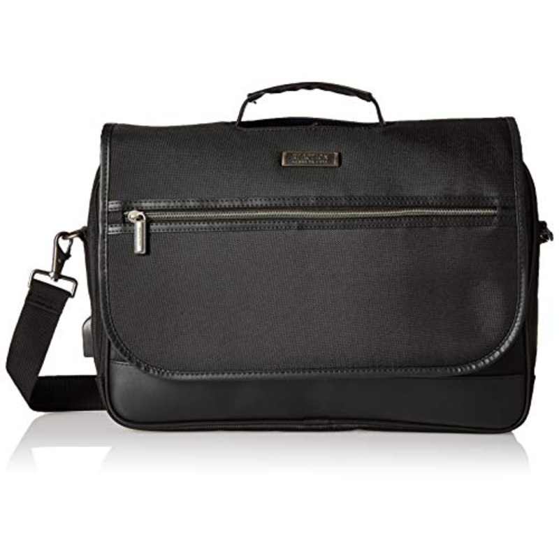 Kenneth Cole Reaction Tech-IT Flapover Pull-Thru Handle Anti-Theft RFID 15.6" Laptop & Tablet Business Portfolio With USB Charging Port, Black
