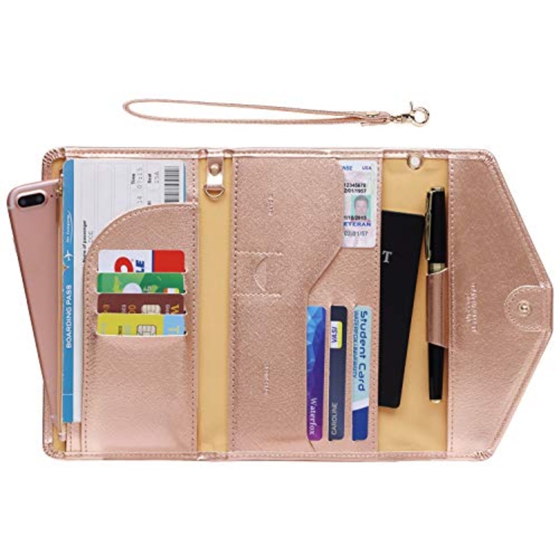 Zoppen Passport Holder Travel Wallet (Ver.5) for Women Rfid Blocking Multi-purpose Passport Cover Document Organizer Strap,Rose Gold