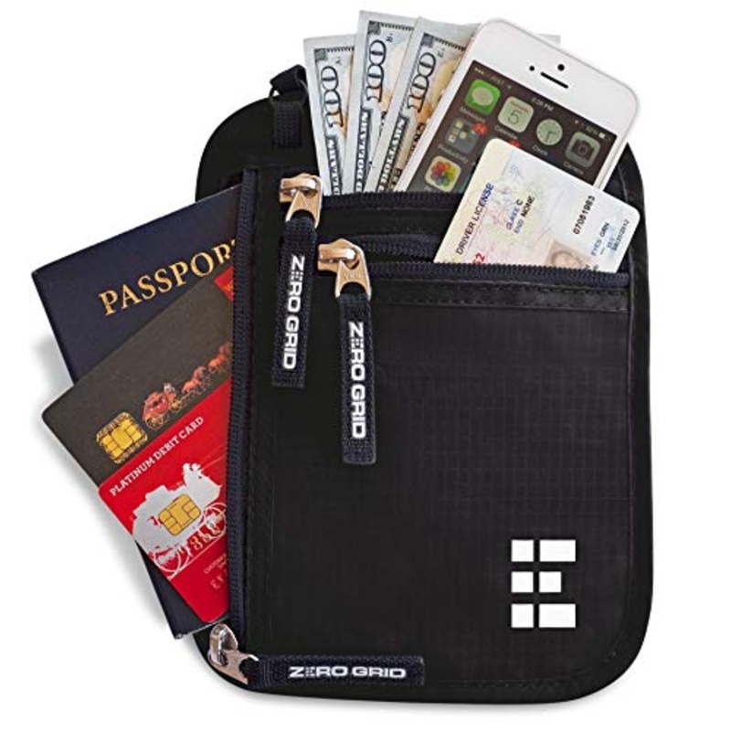 Zero Grid Neck Wallet w/RFID Blocking- Concealed Travel Pouch & Passport Holder (Midnight)