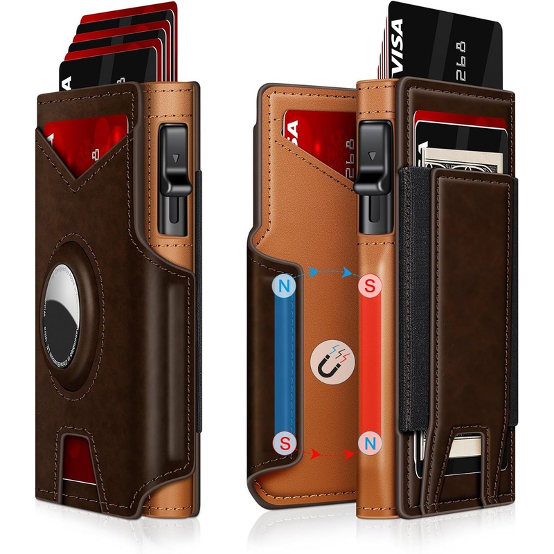 Airtag Wallet for Men, Bifold Pop Up Aluminum Card Case with ID Window & Cash Slot (No Airtag Included)