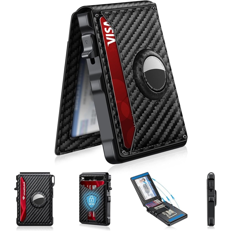 Airtag Wallet for Men, Minimalist Bifold Pop Up Aluminum Card Case with ID Window, Carbon Fiber