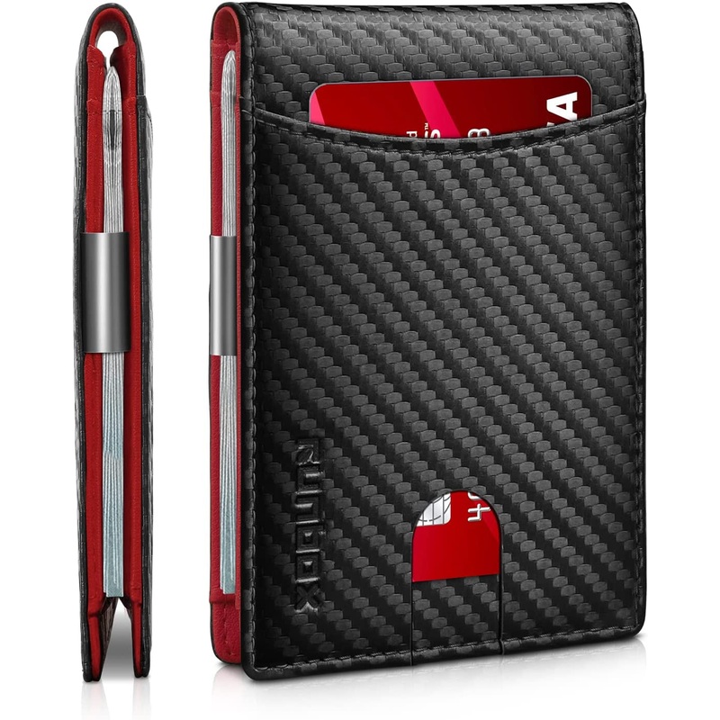 Bifold Wallet for Men with Money Clip Slim Front Pocket Wallet - Carbon Black & Red