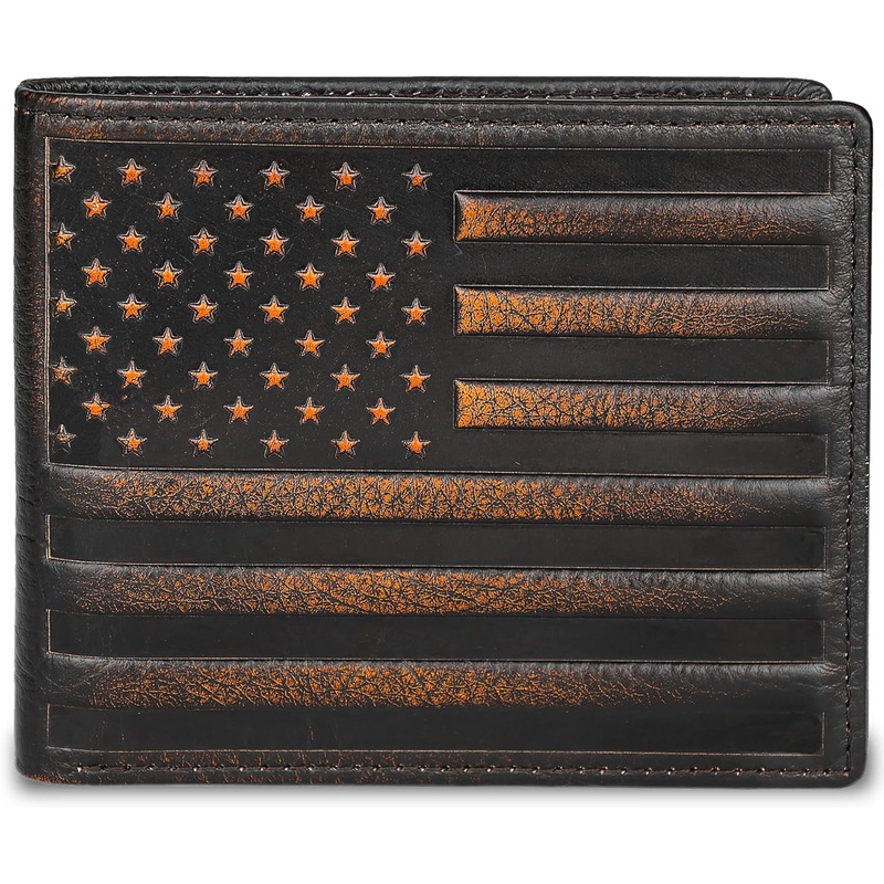 Full Grain Leather Bifold Wallet for Men with USA Flag Design & ID Windows