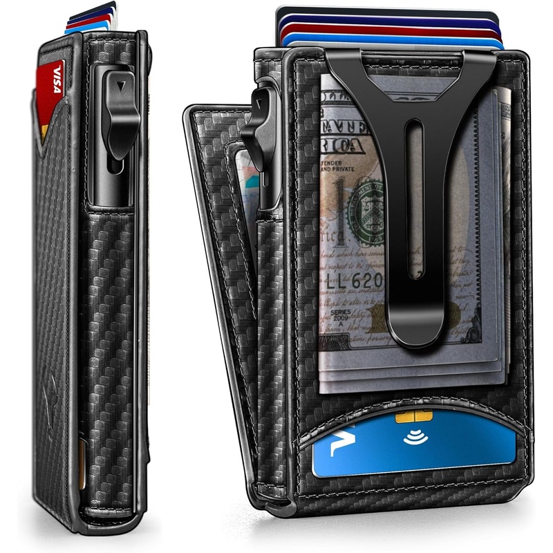 Pop Up Wallet For Men with Money Clip and Magnetic Leather Flip