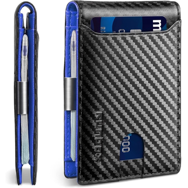 Slim Bifold Wallet for Men with Money Clip, Carbon Black-Blue