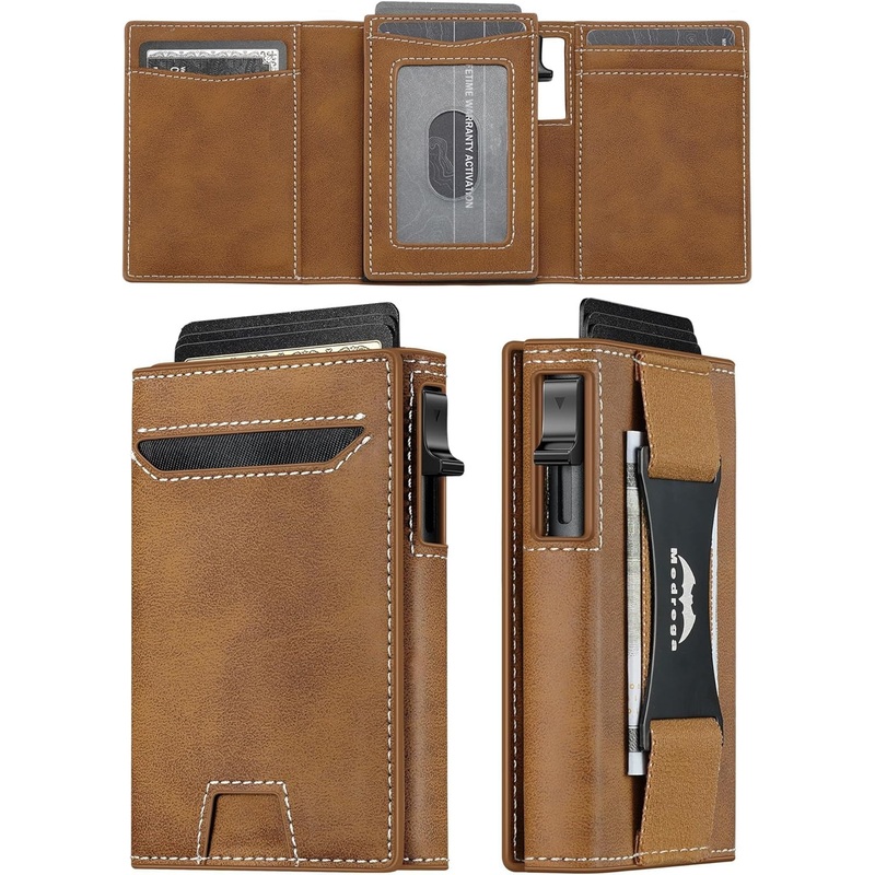 Slim Trifold Leather Wallet for Men, Minimalist Pop Up Card Holder with Cash Strap