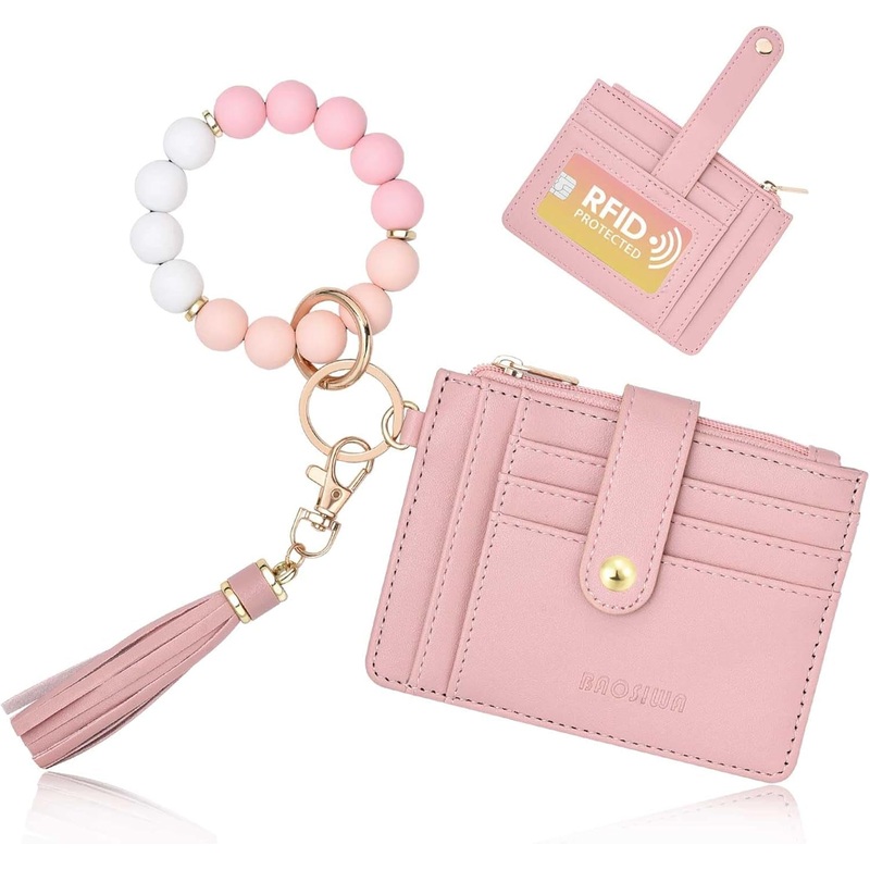 BAOSIWA Silicone Bracelet Keychain Wallet for Women Wristlet Card Holder Slim RFID Wallet with Zipper Pocket