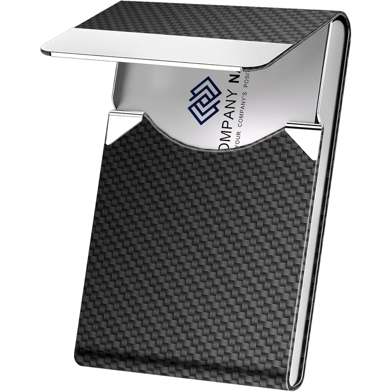 Business Card Holder, Metal Slim Business Card Case, Pocket Card Holder for Women or Men, PU Leather Business Card Holder Case RFID Blocking Name Card Holder with Magnetic Closure, Black Carbon