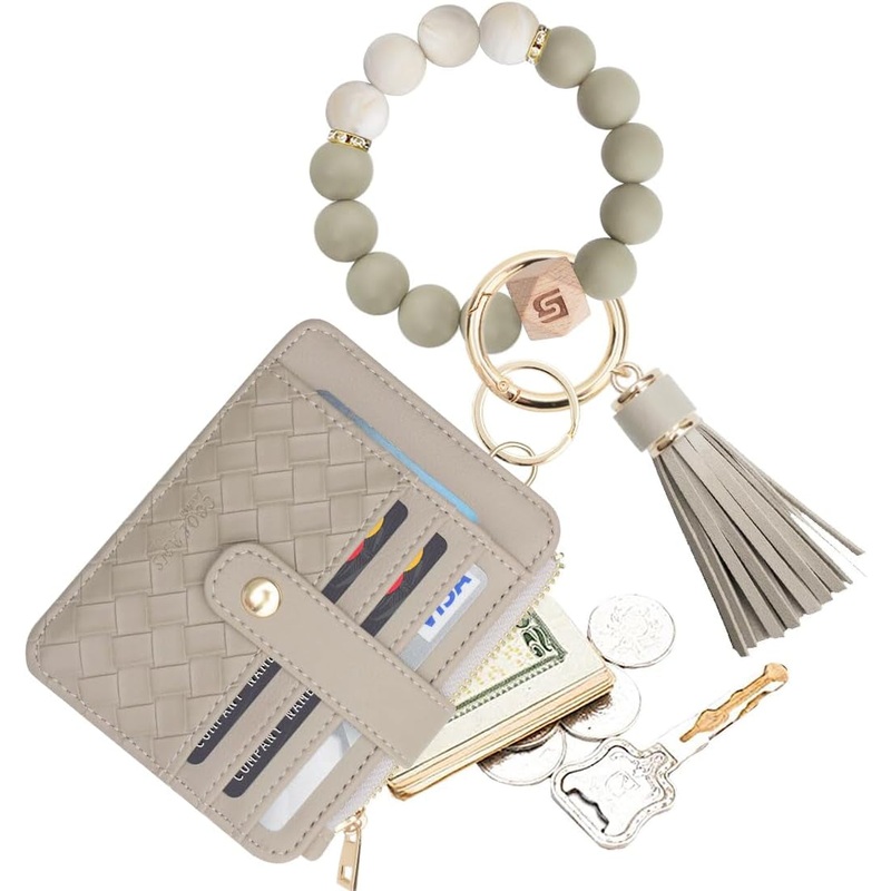 COOLANS Silicone Bracelet Wristlet Wallet Credit Card Holder RFID,ID Window,Key Ring Tassel,Slim Wallet Women Keychain Purse