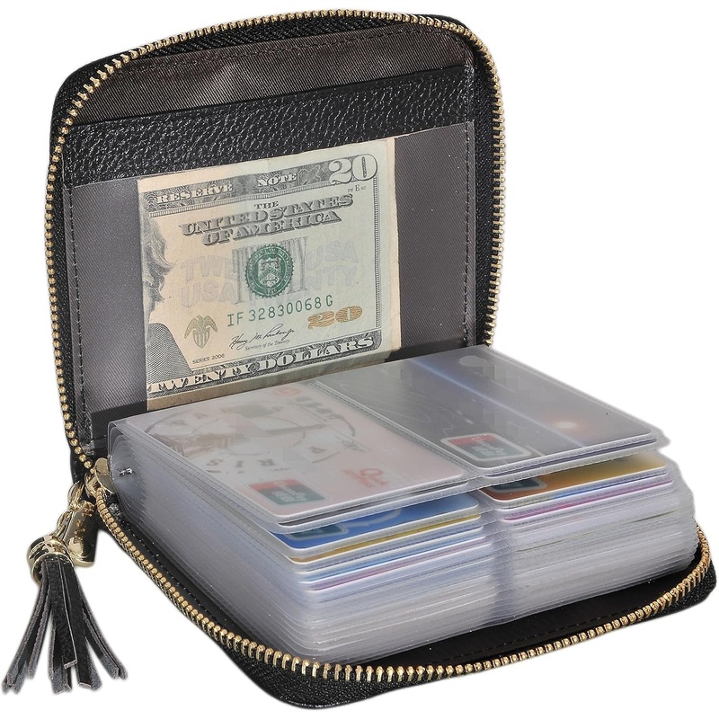 Credit Card Holder Wallet for Women, RFID Blocking Zip Leather Card Case, Black