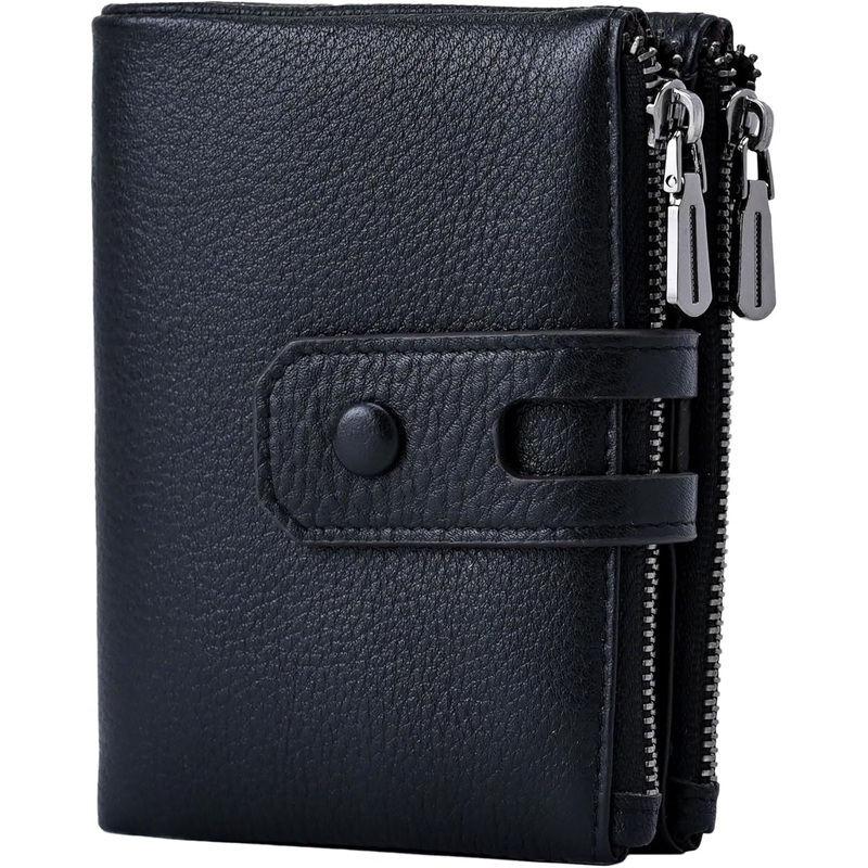 Double Zipper Pocket Small Wallet for Women, RFID Blocking Leather Card Holder
