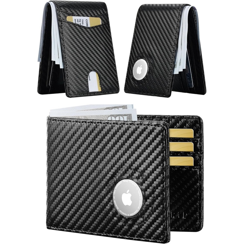 Furid Apple Airtag Wallet Men Slim: Air Tag Wallet with Airtag Holder, RFID Blocking, Bifold, Front Pocket, Minimalist Card Wallet, Carbon Fiber Wallet