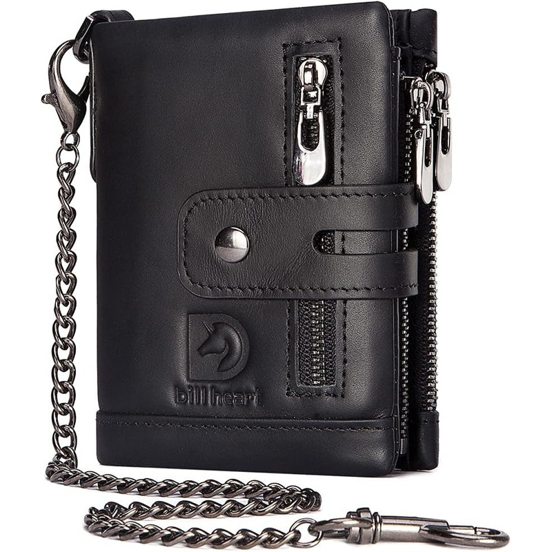 Genuine Leather RFID Bifold Double Zippe Wallet with Anti-Theft Chain