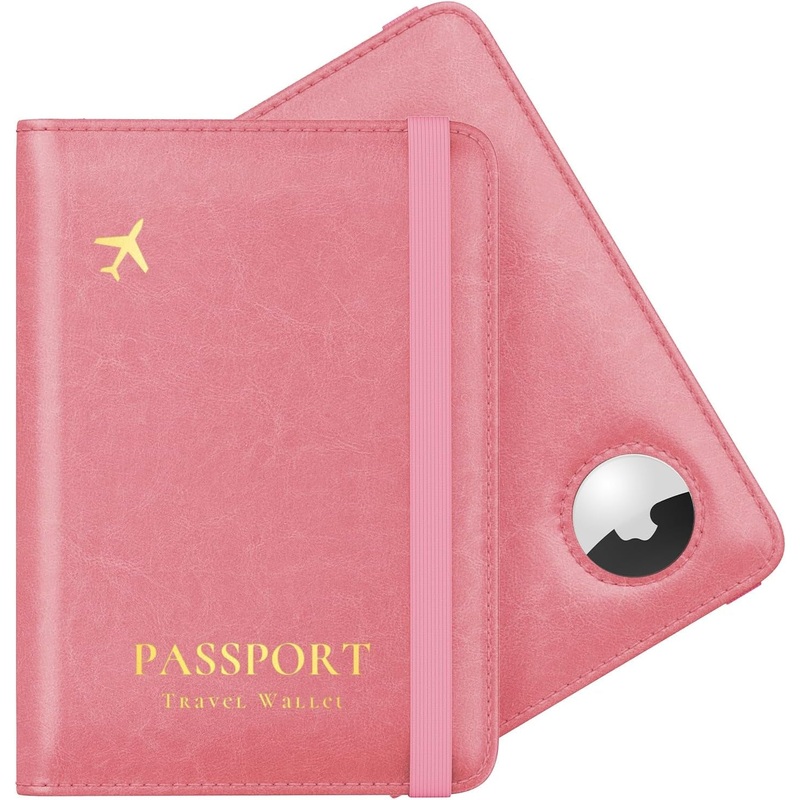 Leather Passport Wallet with Airtag Slot, RFID Blocking Travel Wallet for Women, Pink