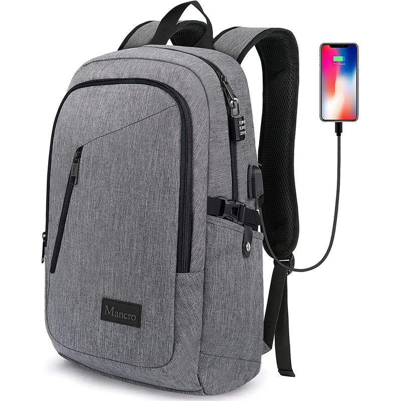 Mancro Laptop Backpack for Travel, Anti-Theft Laptop Backpack for Men Business Backpack Work Daypack with USB Charging Port & Lock, Water Resistant Travel Computer Bag Daypack, Grey