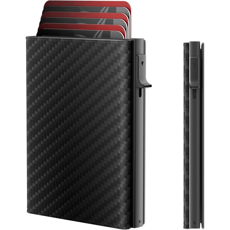 Mens Wallet Card Holder - Smart Wallet for Men, Pop up Card Case, Top Grain Leather, RFID Blocking, Slim, Minimalist, Ultra-Thin, Front Pocket, 12 Card Capacity | ID Window | Cash Slot (Carbon Fiber)