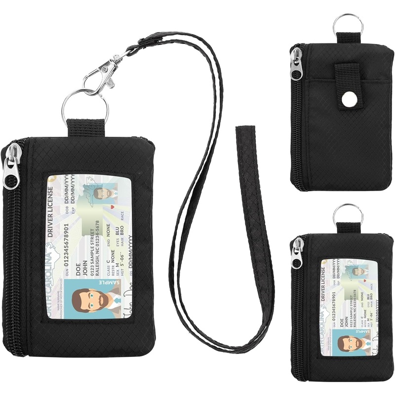 Minimalist RFID Wallet with Lanyard, Multi-Functional ID Case with 2 Zipper Pockets and Key Chain for Men and Women, Tactical Badge Pouch Cards Holder, Coin Purse for Travel Sports-Black
