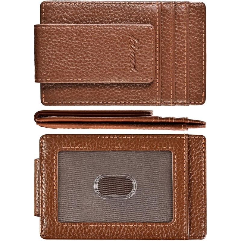 Money Clip for Men Front Pocket Wallet, Leather RFID Blocking Strong Magnet Wallet Brown
