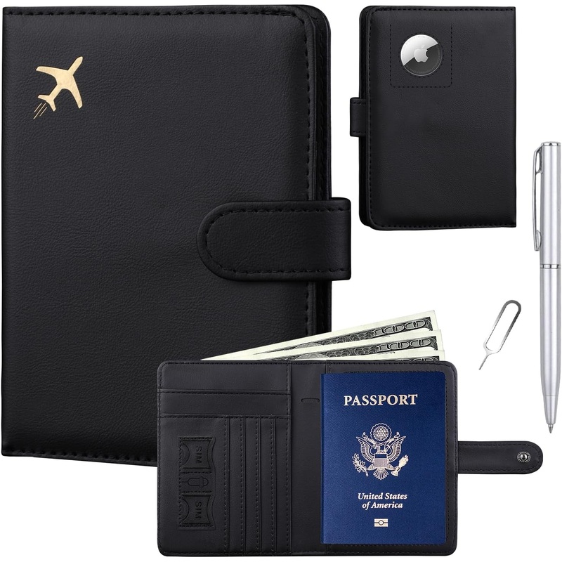 Passport Holder with Airtag Slots, RFID Blocking Travel Wallet, Unisex, Black