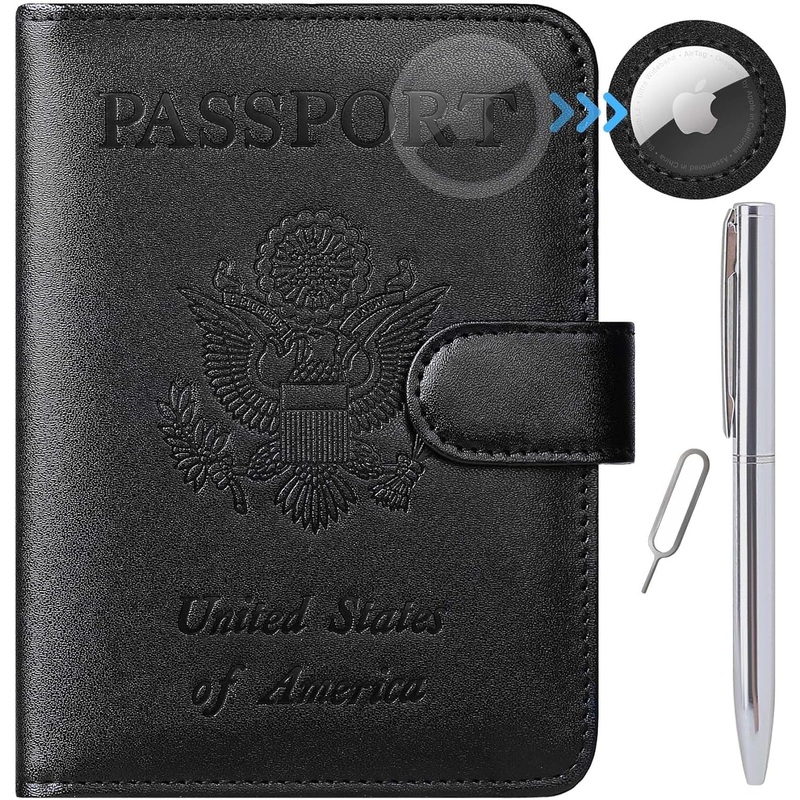 Passport Wallet with Airtag Holder, RFID Blocking Travel Leather Cover with Metal Pen & SIM Pin