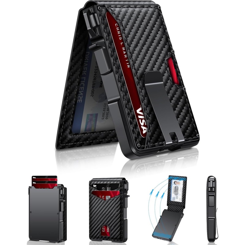 Pop Up Bifold Wallet for Men with Money Clip & ID Window, Metal Aluminum Card Holder