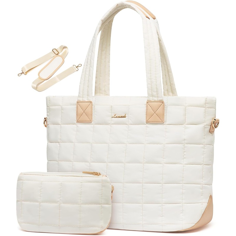 Quilted Puffer Tote Bag for Women with Laptop Compartment & Anti-Theft Zipper, Beige