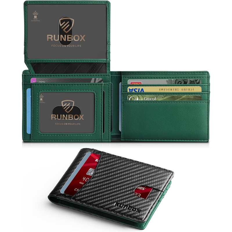 RUNBOX Wallet for Men Slim Rfid Leather 2 ID Window with Gift Box