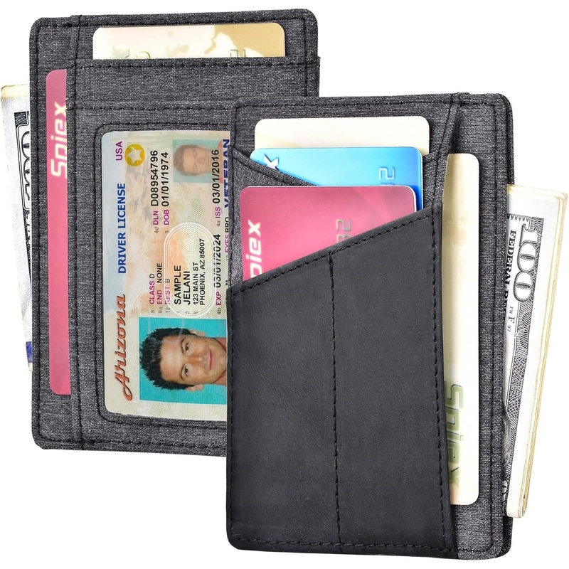 Slim Front Pocket Wallet, RFID Blocking Credit Card Holder -Black Leather & Grey Cloth