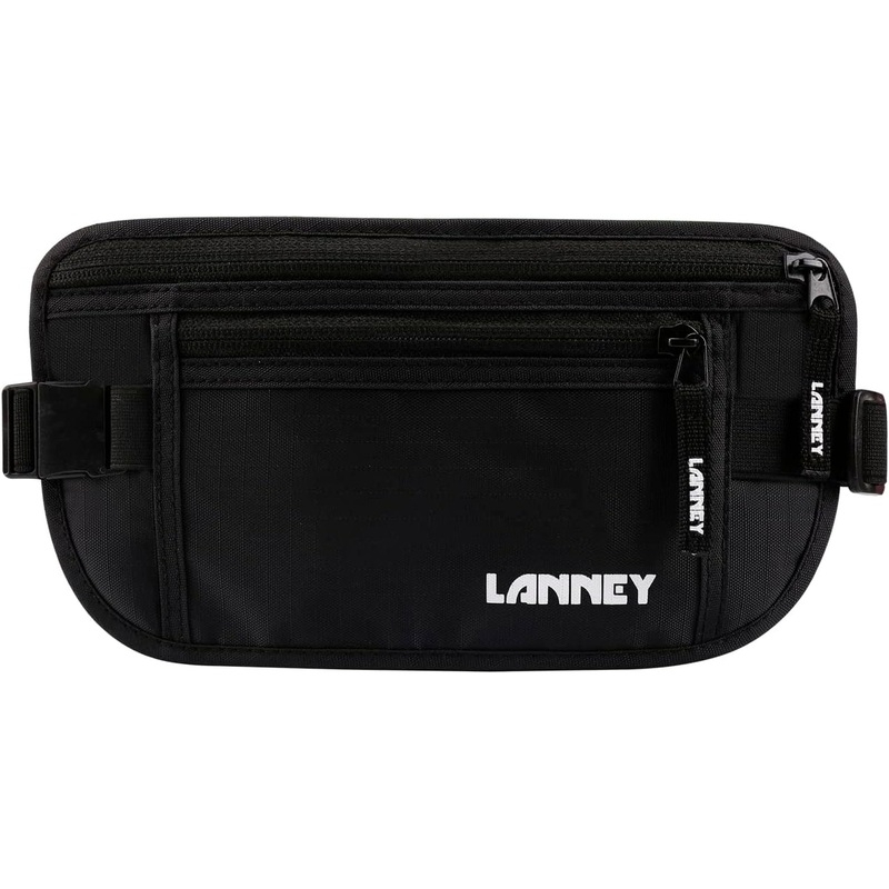 Slim Travel Wallet with Zipper & Adjusted Belt, Bonus 2 RFID Sleeves, Unisex, Black