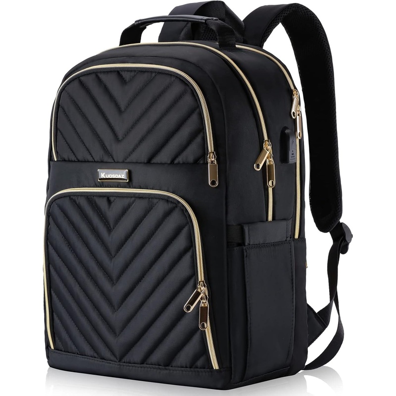 Travel Laptop Backpack, School Backpack for Teen Girls, 15.6 Inch Quilted Work Backpack Purse with USB Charging Port, Large Anti-Theft Bookbag for Students, Casual Daypacks for Women,Black