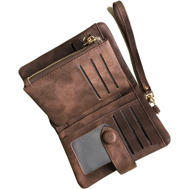 Women's Rfid blocking Bifold Leather wallet, Small Coin Purse with Wristlet